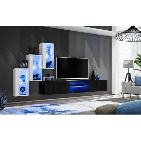 Ensemble meuble TV mural Switch XXII - L 240 x P 40 x H 170 cm - Blanc et noir - Livraison gratuite