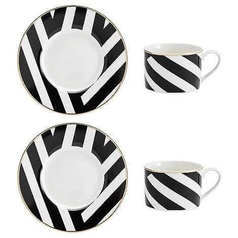 Mikasa Luxe Deco Juego de Taza y Platito de Té en Porcelana, 2x Tazas y Platillos de Té con Estampado Geométrico, Tazas de 200ml - En Caja de Regalo y Apto para Lavavajillas