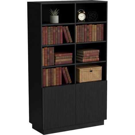 Libreria Miniato, Mobile portalibri con vani aperti e due ante, Design moderno e minimale, 172x40 h100 cm, Nero