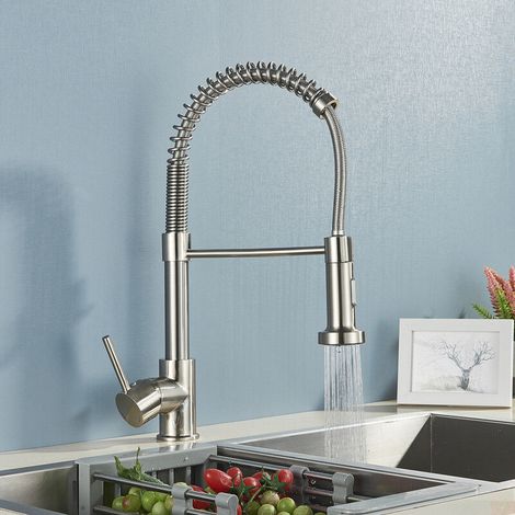 Robinet de cuisine mural rétractable – Jet à 360°, équipé d'un flexible d'alimentation – Nickelé – Économie d'eau (1/5)