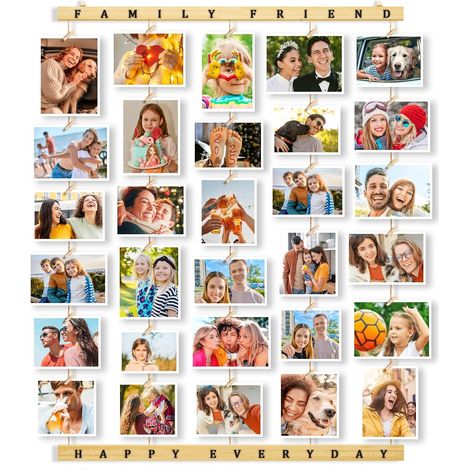 Cadre Photo Pele Mele Mural Porte Photo Mural à Pince Cadre Multi Photo Accroche Photo en Bois DIY Decoration Maison Deco Salon Couleur Bois (1/5)