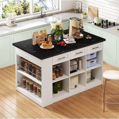 Isola da cucina 150x90x90 cm in MDF bianco con tavolo estraibile e contenitori - MEUBLIV (1/5)