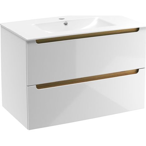 Naturel – Meuble de salle de bain avec vasque simple STILLAD08057U1 – Dimensions 80x60x45 cm – Lavabo en céramique blanc – 2 tiroirs avec découpe siphon