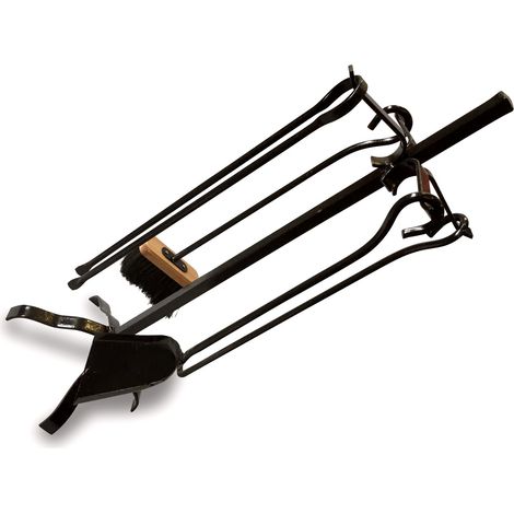 Serviteur cheminée acier 4 accessoires Socle + pelle + balayette + tisonnier + pince - Classique - Serviteur cheminée (1/5)
