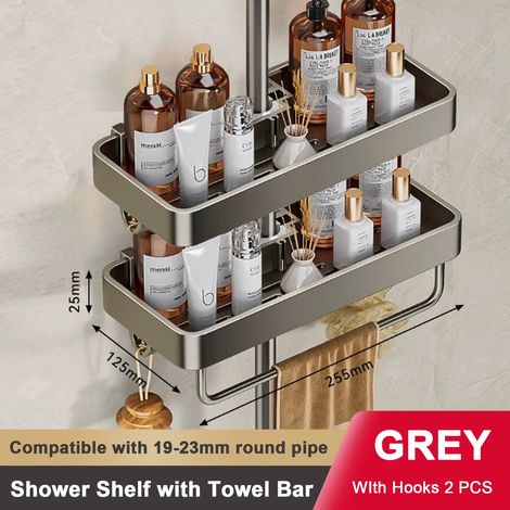 (Lot de 2 gris avec barre) Étagère de douche sans perçage avec porte-serviettes, porte-savon et porte-shampoing pour WC, organisateur de salle de bain en aluminium massif (1/5)