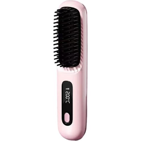 Brosse chauffante pour cheveux courts, brosse coiffante avec 3 niveaux de chaleur et écran LED, rechargeable par USB, légère et portable, pour se coiffer en voyage et à la maison (rose) (1/5)