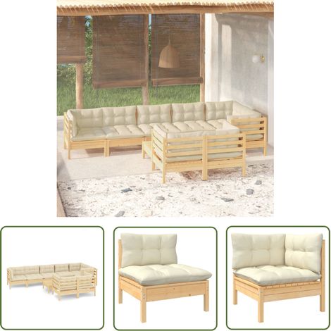 The Living Store 9-tlg. Garten-Lounge-Set mit Creme Kissen Massivholz Kiefer - Gartenmöbeln - Lounge Set - Gartenmöbel Set - Kiefernholz - Outdoor Möbel (1/5)