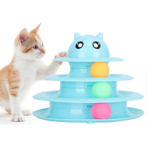 SCSYV 3-stufiger Katzenkratzbaum mit 3 rollenden Kugeln, rutschfester interaktiver Haustierparcours (Blau) (1/5)
