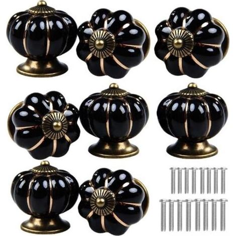Poignées de porte en céramique en forme de citrouille, convenant aux cuisines, coiffeuses, tiroirs, armoires, etc. (Noir, lot de 8) (1/4)