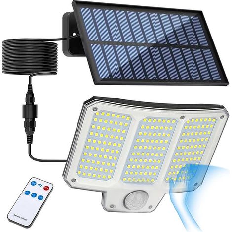 Applique solare da esterno con 3 modalità di illuminazione e sensore di movimento, grado di protezione IP65 (impermeabile), 106 LED e telecomando, ideale per giardino, vialetto e casetta da giardino. (1/5)