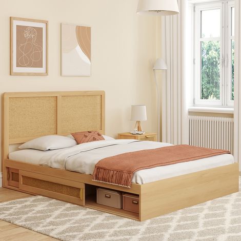 Cama doble EDHEN con cabecero de caña, espacio de almacenamiento y somier de láminas de color madera de 140 x 190 cm (1/5)