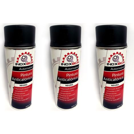 Pack de 3 sprays de pintura anticalórica negro 800°C 400 ml, resistente a altas temperaturas, ideal para tubos de escape, motores y estufas.