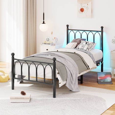 Cadre de lit en métal – Avec tête et pied de lit – Station de charge USB, éclairage LED – Grand espace de rangement sous le lit – Sans sommier – 90x200 cm – Noir (1/5)