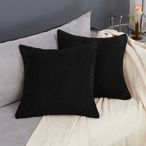 Housse de coussin en velours côtelé, lot de 2 taies d'oreiller à rayures, uni noir profond, 60x60 cm, pour chambre et canapé (1/5)
