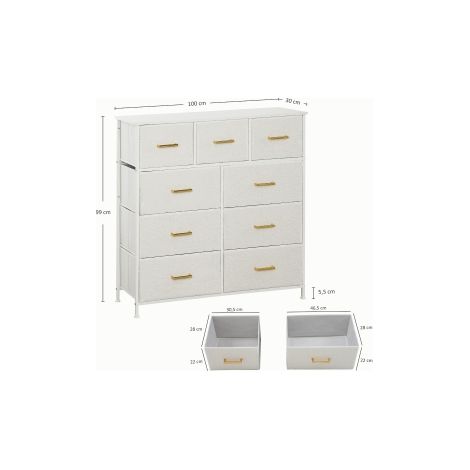 Commode crème blanche à 9 tiroirs en tissu avec plateau supérieur et poignées, meuble de rangement pour salon et chambre (1/5)