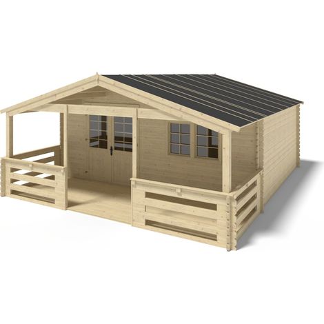 Casetta da giardino in legno con veranda e tettoia - 42.00m2 - 6.00x5.00m - 40mm - colore: naturale - DOM747+DOM553+DOM555+POD04