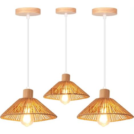 3x Lustre Suspension Vintage,26cm Lampe Plafonnier Industriel en Rotin et Bois Réglable E27 Luminaire Rétro pour Salon (1/5)