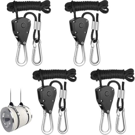 Suspensions - Lot de 4 - Corde à cliquet réglable, résistance 68 kg (150 lb) - Lampe de croissance - 2 m - Ventilateur pour plantes - Éclairage - Plantes d'intérieur - Noir (1/5)