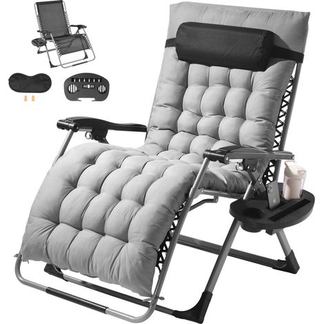 Fauteuil Inclinable Zéro Gravité, 825 mm, Transat Relax Jardin pour Intérieur Extérieur, Chaise Longue Anti-gravité Réglable avec Coussin, Appui-tête, Repose-pieds, Porte-gobelet, 226,8 kg, Gris (1/5)