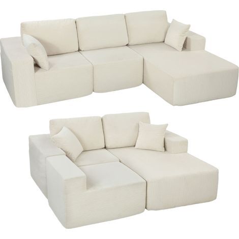 Canapé d'angle modulable 2 en 1, 267cm, canapé-lit 3 places en velours côtelé, larges assise et accoudoirs, crème (1/4)