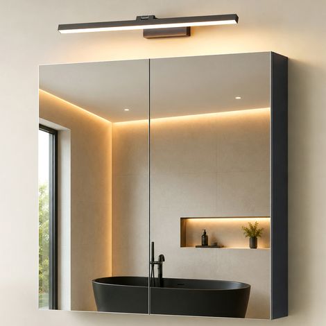 Mai & Mai Armoire Suspendue de Salle de Bain avec Miroir et Lampe LED 180° Rotative 60cm Noir 2 Portes Armoire Miroir Murale Éclairage et Étagère 80x15x70cm Gris Noir Mat SpiegelSR-02