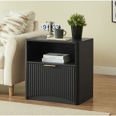 Nachttisch 58 x 38 x 60 cm in Schwarz mit offenem Schubfach, geschlossenem Fach und goldfarbenem Griff (1/5)