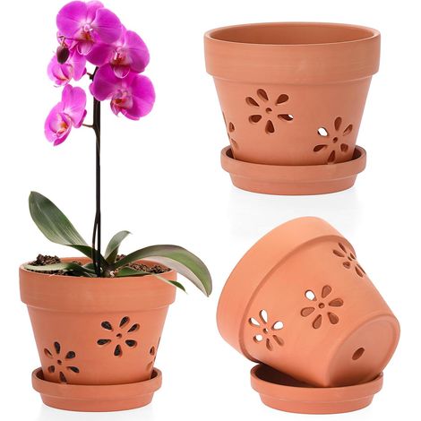 Pots de Fleurs en Terre Cuite avec Trous et soucoupes, 3pcs, 15x13cm pots pour plante à l’extérieur et à l’intérieur, motif de fleur (1/5)