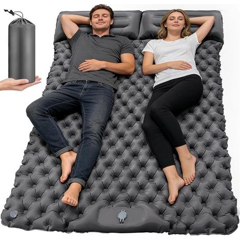 Colchoneta hinchable doble para camping con bomba de pie y dos almohadas integradas (190 x 123 cm)