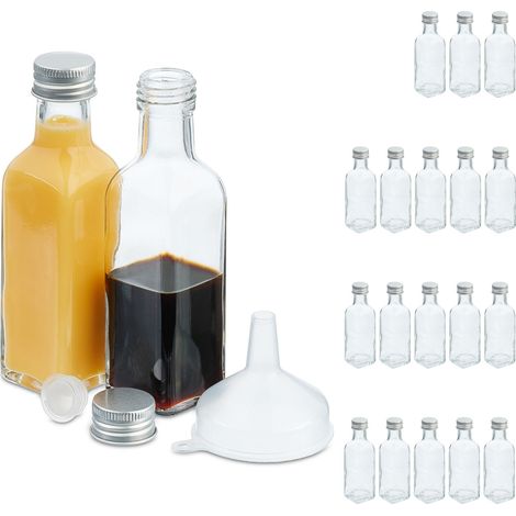 Relaxdays Pack Botellitas de Cristal, 20 Mini Botellas para Rellenar, 100 ml, Tapa Rosca y Tapón, Transparente/Plateado