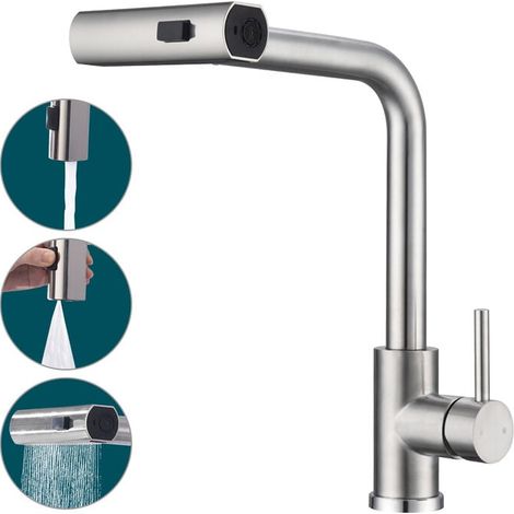 Robinet de cuisine avec douchette extractible Mitigeur d'évier en brossé Bec orientable à 360° Acier (1/4)