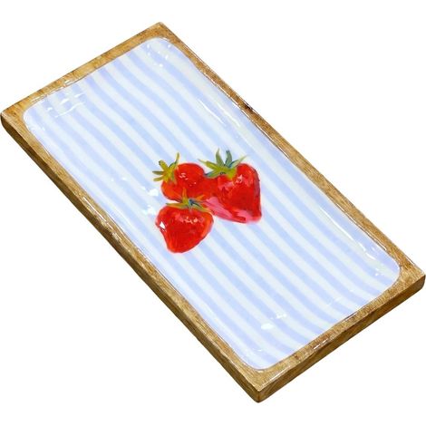 Bandeja de madera de mango azul con rayas y fresas 40 cm (1/5)