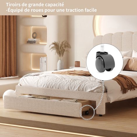 Lit adulte 140x200 cm scandinave en velours teddy beige – Grand tiroir de rangement – Ports USB et Type-C – Tête de lit réglable