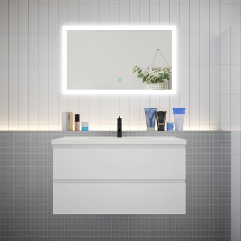AICA Ensemble meuble vasque L.99cm blanc 2 tiroirs + led miroir + lavabo (1/5)