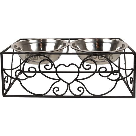 Double Gamelle pour Chien et Chat en Fer Noir Style Rural avec Cœurs 2 x 500 ml 34 x 17 x 13 cm - PANGIVO