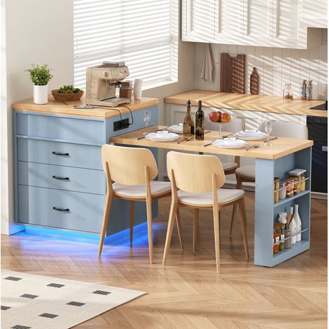 Isla de cocina con mesa extensible y ruedas, LED y enchufes USB/Type-C, azul, OKWISH (1/5)