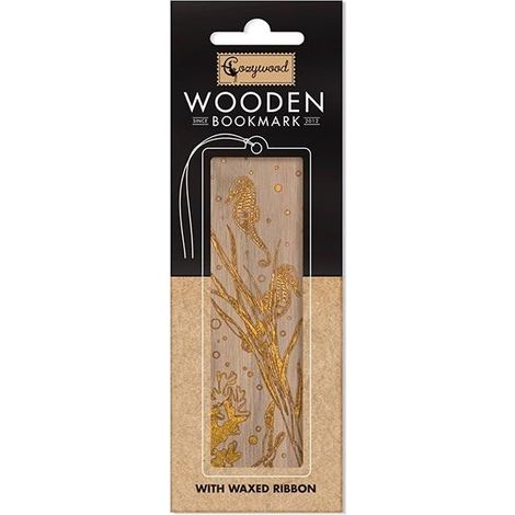 Goldene Lesezeichen aus Holz mit Seepferdchenmotiv