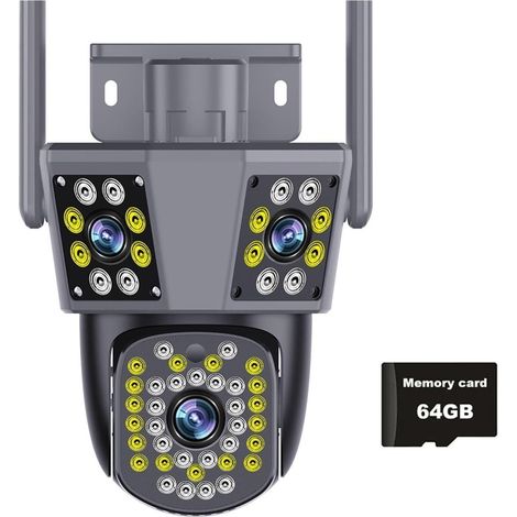Caméra de Surveillance extérieure WiFi 6MP, Trois objectifs, Trois écrans, détection de Mouvement, PTZ IP(PC26 CAM Add 64G) (1/5)