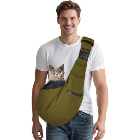 1 - Sac De Transport Chien - Sac Bandoulière Chat - Respirant Avec Crochet De Sécurité - Pour Balades Et Vétérinaire - Vert Olive - 40x30x25cm (1/5)
