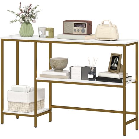 Console de 120 cm de long, à 3 niveaux avec compartiments de rangement, plateau aspect marbre blanc et or.
