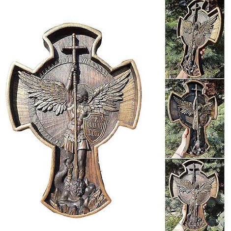 Icône religieuse en bois sculpté de l'archange Michel, cadeau chrétien en bois pour homme, cadeau de pendaison de crémaillère, cadeau pour homme (1/4)