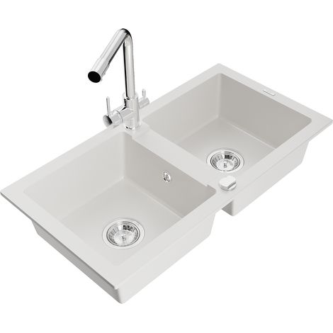 Mexen Mario évier en granit 2 bacs avec robinet de cuisine Duero, blanc - 6504-20-671600-00 (1/5)