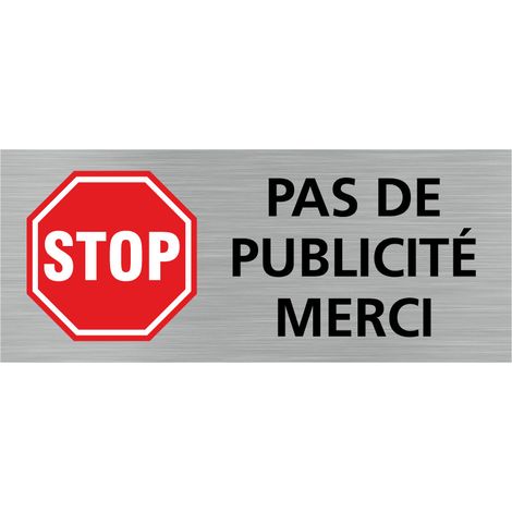 Signaletique.Biz France – Plaque pour boîte aux lettres STOP pas de publicité WUV0005 – Dimensions 60 x 25 mm – Aspect aluminium brossé – Adhésive facile à poser