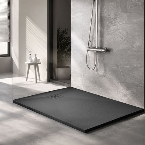 1200 x 900 mm Black Shower Tray with Waste Drain,Anti-Slip,Walk-in Tray (1/5)