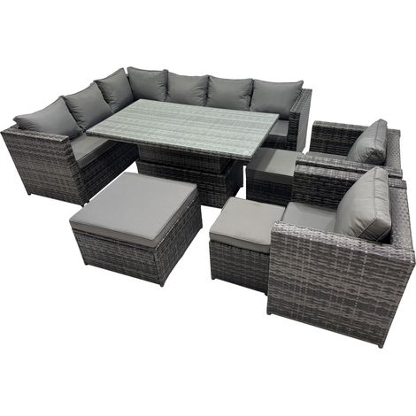 Fimous 11-seater Height Adjustable Rising Lifting Table Corner Sofa Set Rattan Garden Furniture Dining Set with 3 Stool Dark Grey Mixed (1/5)