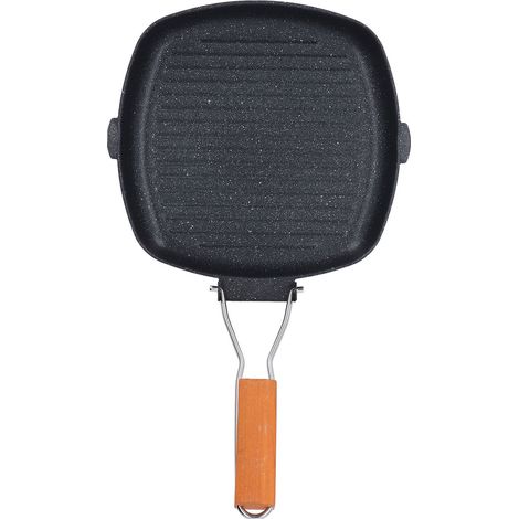 Antihaftbeschichtete Grillpfanne für den Herd, quadratische Grillpfanne, Mehrzweck-Grillpfanne mit Holzgriff für die Zubereitung von Speisen in Innenräumen. (1/5)