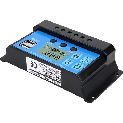 Régulateur bleu 40 A, contrôleur de charge automatique PWM avec écran LCD et double sortie USB, connexion à un système photovoltaïque. (1/5)