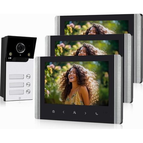 Interphone Vidéo sans fil 1080p, Caméra Extérieure, écran Tactile sans fil, écran Tactile 7", Détection de Mouvement PIR, Vision Nocturne, Contrôle APP (3 Maisons Familiales) (1/5)