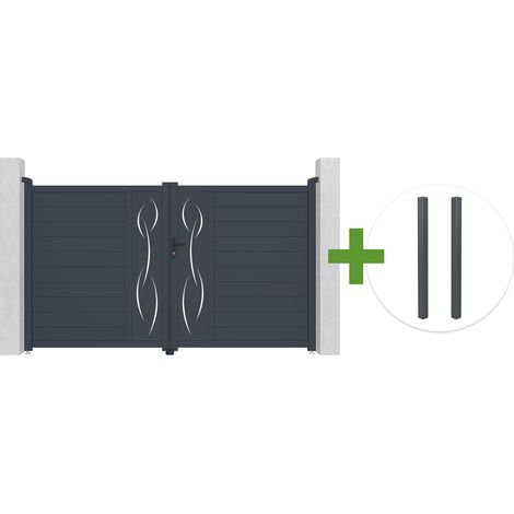 Portail battant 3m LIFE H.180cm aluminium gris + 2 poteaux ELDA aluminium gris 15x15cm (1/5)