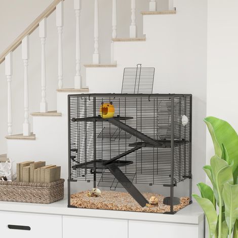 Gabbia per criceti con fondo in vetro, recinto a 4 livelli con casetta e accessori, 78,5L x 48,5W x 80H cm, nera (1/5)