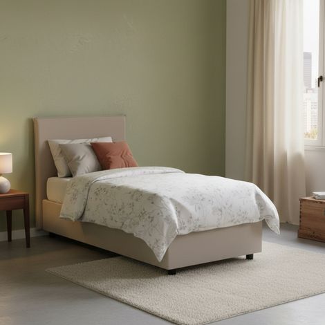 Talamo Italia Letto singolo Celestina, Letto contenitore con rivestimento in ecopelle, 100% Made in Italy, Apertura frontale, adatto per materasso Cm 90x190, Tortora, con imballo rinforzato (1/5)